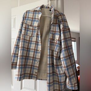Oversized Plaid Button-Up Shacket in Blue and Brown
